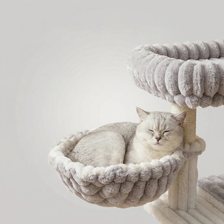 Árbol para gatos contemporáneo escandinavo rectangular de tablero de partículas, tela de terciopelo y sisal, con 2 condos y 1 percha, para dormitorio 