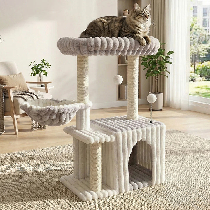 Árbol para gatos contemporáneo escandinavo rectangular de tablero de partículas, tela de terciopelo y sisal, con 2 condos y 1 percha, para dormitorio 