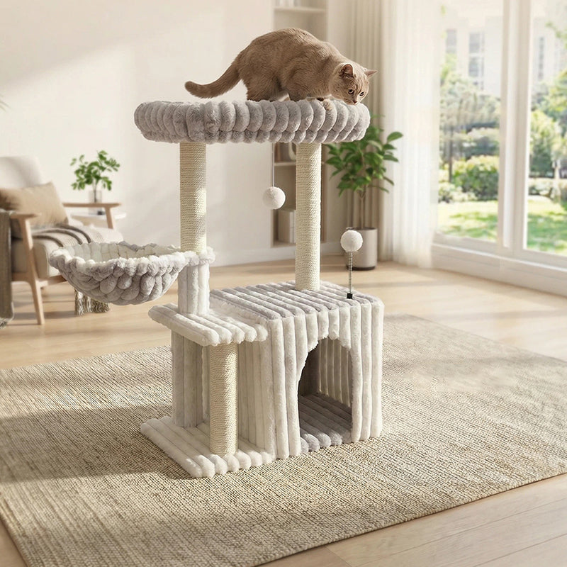 Contemporary Scandinavian Rectangular Particleboard Velvet Fabric Sisal 2-Condo 1-Perch Cat Tree For Bedroom