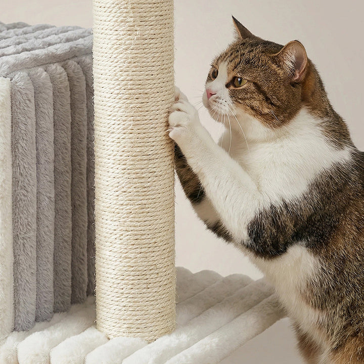 Contemporary Scandinavian Rectangular Particleboard Velvet Fabric Sisal 2-Condo 1-Perch Cat Tree For Bedroom