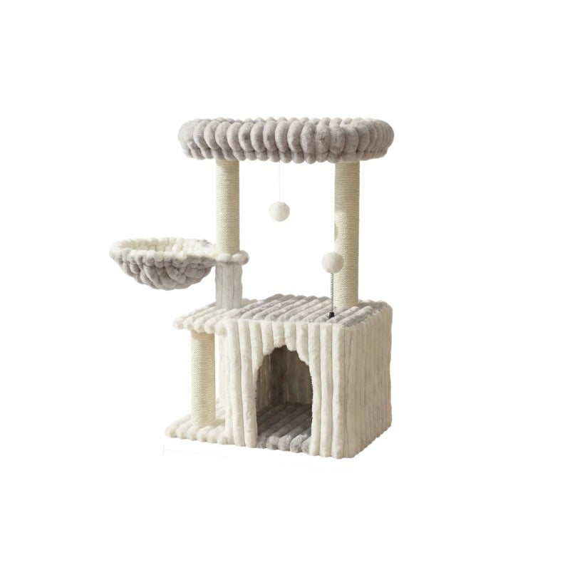 Contemporary Scandinavian Rectangular Particleboard Velvet Fabric Sisal 2-Condo 1-Perch Cat Tree For Bedroom