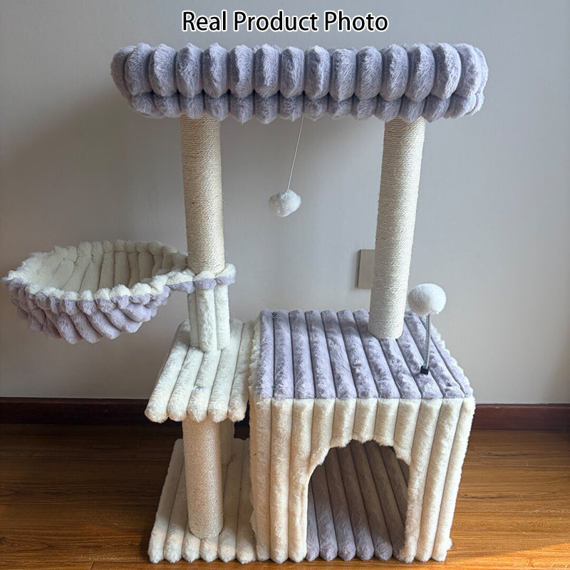 Contemporary Scandinavian Rectangular Particleboard Velvet Fabric Sisal 2-Condo 1-Perch Cat Tree For Bedroom