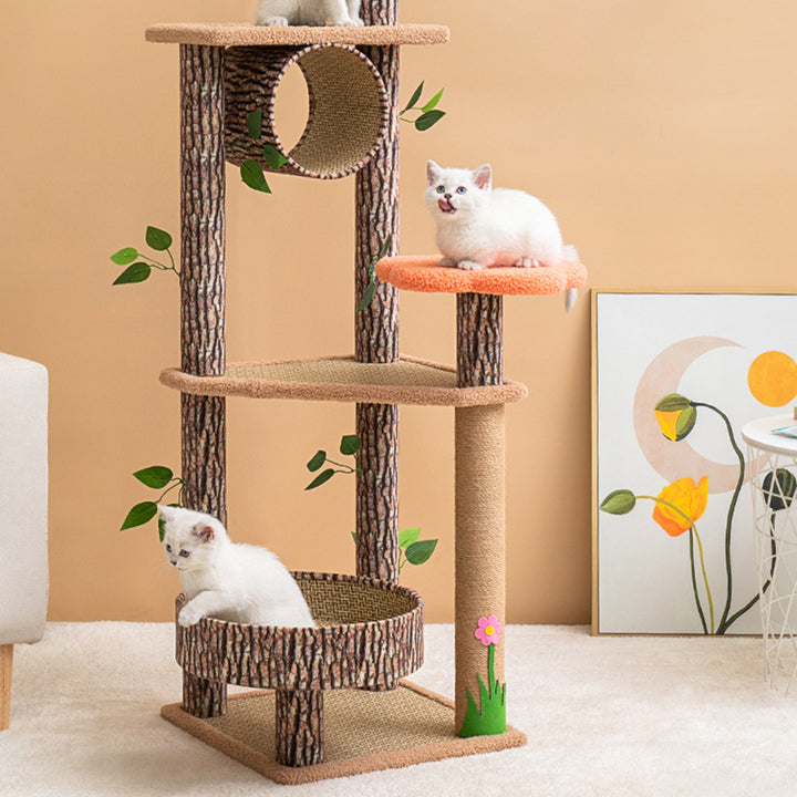 Árbol rascador para gatos de estilo escandinavo contemporáneo, cuadrado, de tablero de fibra de densidad media, tela y sisal, para 1 gato, con 3/5 plataformas, ideal para dormitorio 