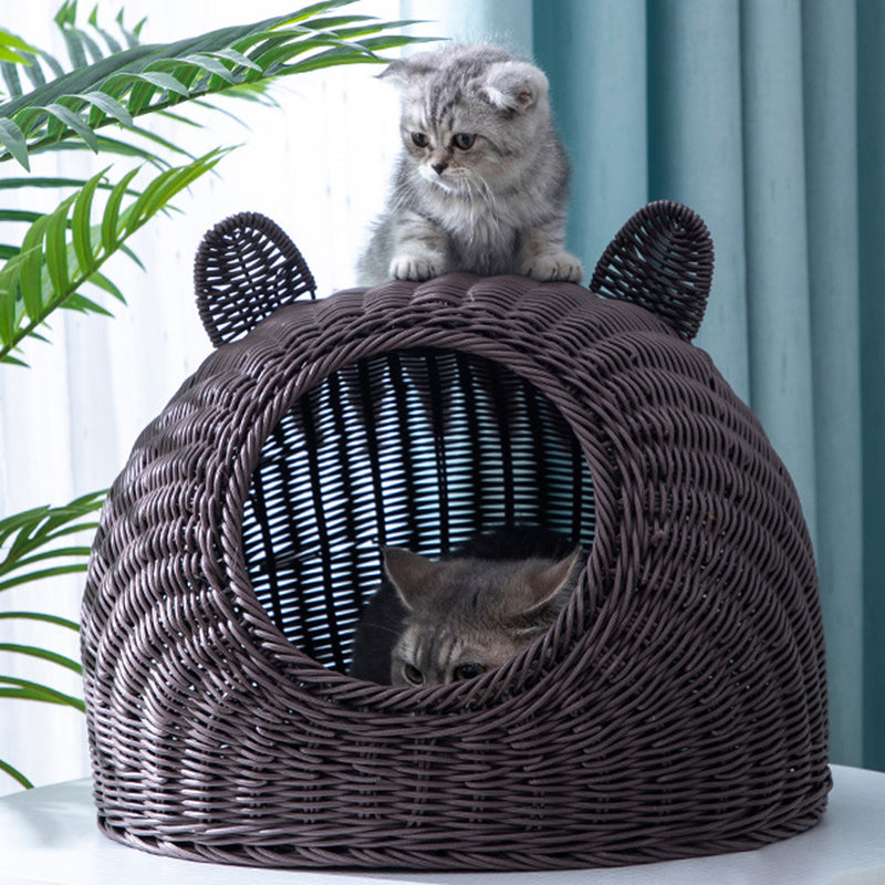 Contemporary Creative Round PP Rattan Semi-Enclosed Cat Bed For Bedroom