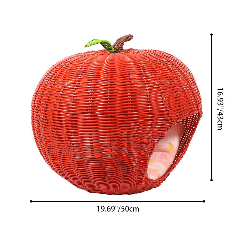 Contemporary Creative Round PE Rattan Carbon Steel Frame Apple-Shaped Semi-Enclosed Cat Bed For Bedroom