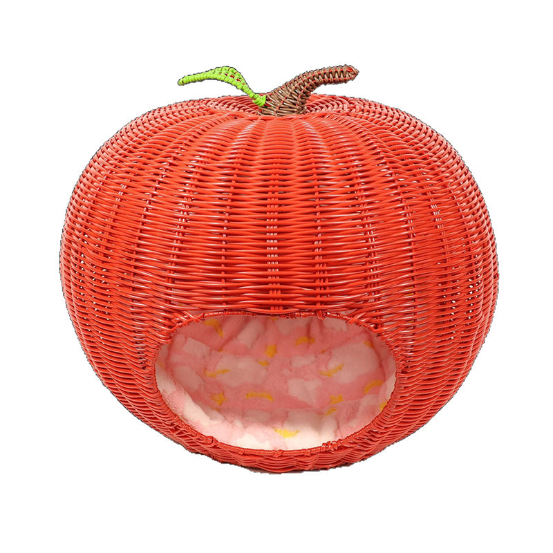 Contemporary Creative Round PE Rattan Carbon Steel Frame Apple-Shaped Semi-Enclosed Cat Bed For Bedroom