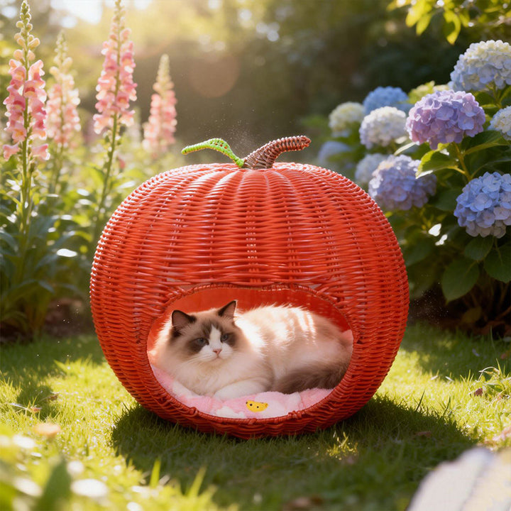 Contemporary Creative Round PE Rattan Carbon Steel Frame Apple-Shaped Semi-Enclosed Cat Bed For Bedroom