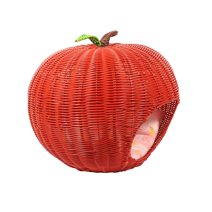 Contemporary Creative Round PE Rattan Carbon Steel Frame Apple-Shaped Semi-Enclosed Cat Bed For Bedroom