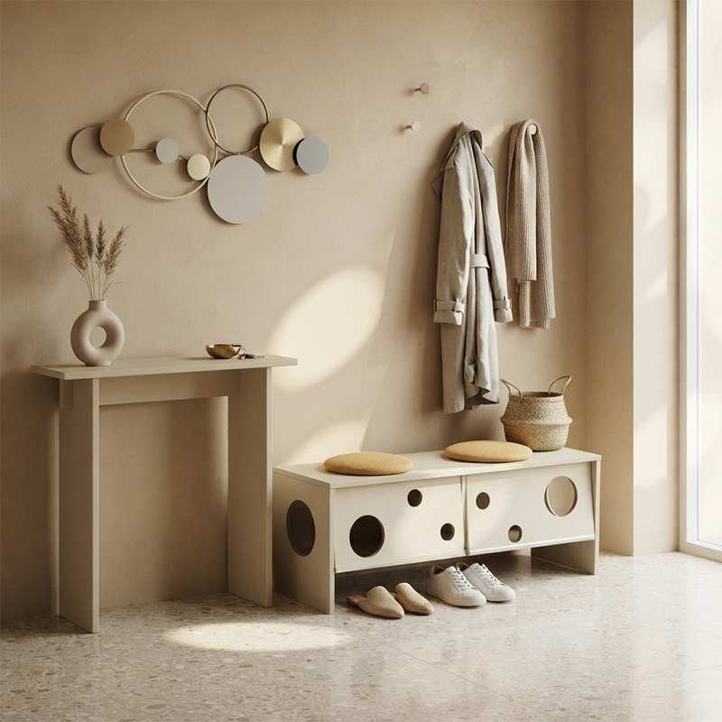 Banco contemporáneo y creativo tipo casa para gatos con dos cuevas para gatos: otomana zapatera de 2 plazas - banco zapatero multifuncional 2 en 1 y mueble para mascotas para la entrada 