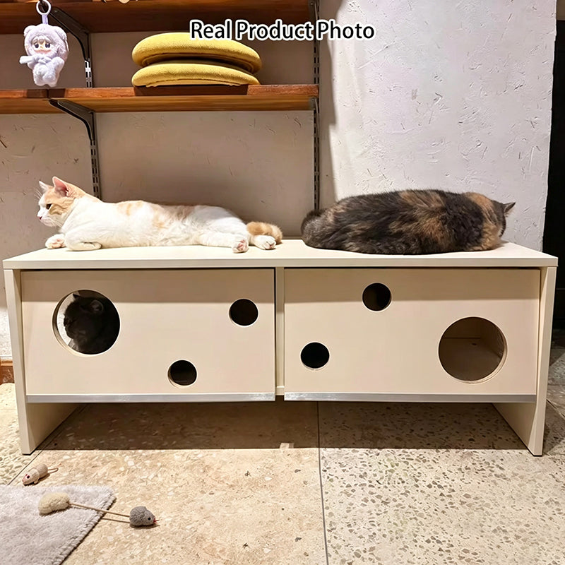Banco contemporáneo y creativo tipo casa para gatos con dos cuevas para gatos: otomana zapatera de 2 plazas - banco zapatero multifuncional 2 en 1 y mueble para mascotas para la entrada 
