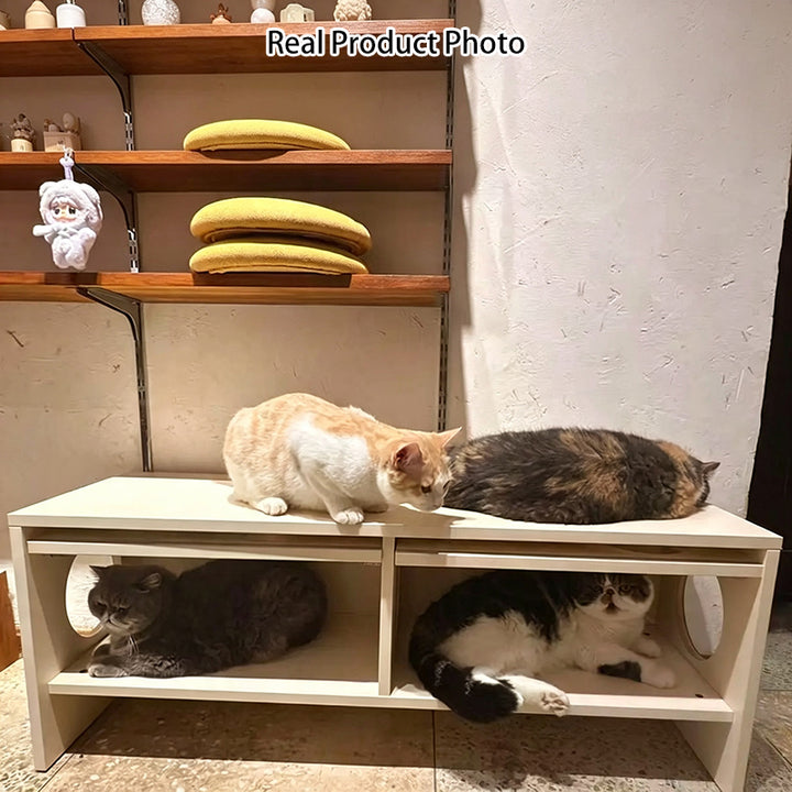 Banco contemporáneo y creativo tipo casa para gatos con dos cuevas para gatos: otomana zapatera de 2 plazas - banco zapatero multifuncional 2 en 1 y mueble para mascotas para la entrada 