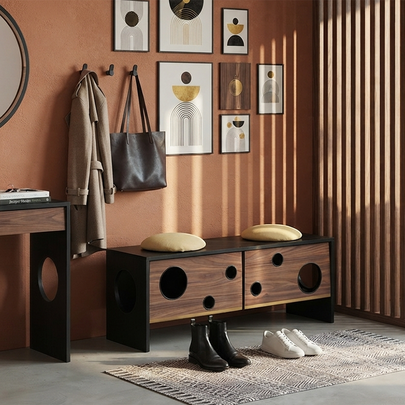 Banco contemporáneo y creativo tipo casa para gatos con dos cuevas para gatos: otomana zapatera de 2 plazas - banco zapatero multifuncional 2 en 1 y mueble para mascotas para la entrada 