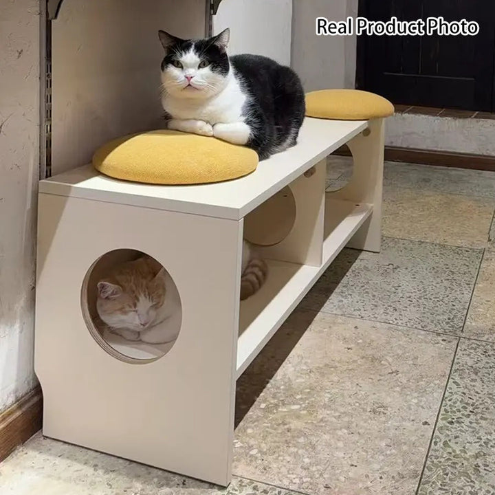 Banco contemporáneo y creativo tipo casa para gatos con dos cuevas para gatos: otomana zapatera de 2 plazas - banco zapatero multifuncional 2 en 1 y mueble para mascotas para la entrada 