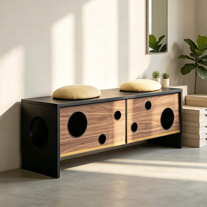 Contemporary Creative Cat House Bench With Dual Cat Caves: 2-Seat Shoe Bench Ottoman - Multifunctional 2-in-1 Shoe Bench & Pet Furniture For Entryway