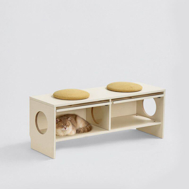 Banco contemporáneo y creativo tipo casa para gatos con dos cuevas para gatos: otomana zapatera de 2 plazas - banco zapatero multifuncional 2 en 1 y mueble para mascotas para la entrada 