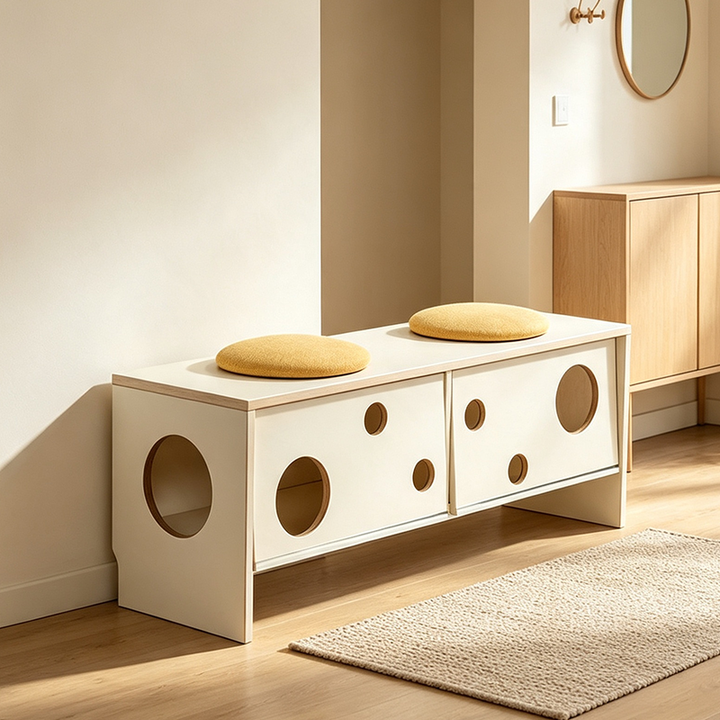 Contemporary Creative Cat House Bench With Dual Cat Caves: 2-Seat Shoe Bench Ottoman - Multifunctional 2-in-1 Shoe Bench & Pet Furniture For Entryway