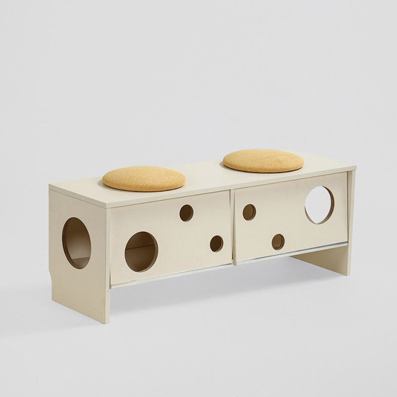 Banco contemporáneo y creativo tipo casa para gatos con dos cuevas para gatos: otomana zapatera de 2 plazas - banco zapatero multifuncional 2 en 1 y mueble para mascotas para la entrada 