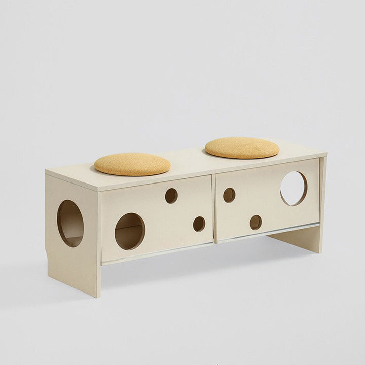 Banco contemporáneo y creativo tipo casa para gatos con dos cuevas para gatos: otomana zapatera de 2 plazas - banco zapatero multifuncional 2 en 1 y mueble para mascotas para la entrada 