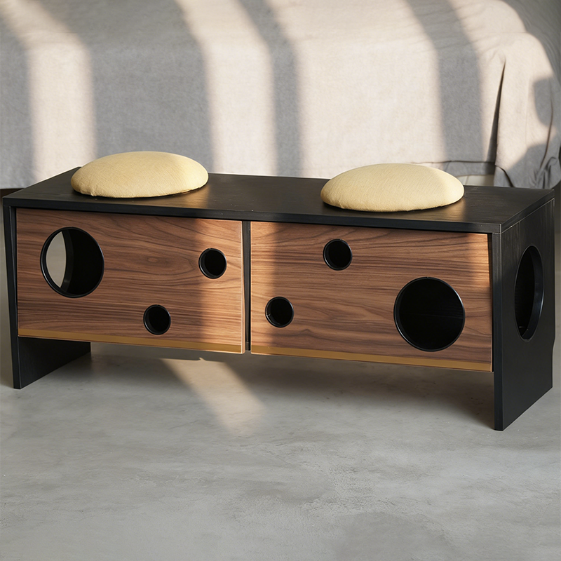 Banco contemporáneo y creativo tipo casa para gatos con dos cuevas para gatos: otomana zapatera de 2 plazas - banco zapatero multifuncional 2 en 1 y mueble para mascotas para la entrada 
