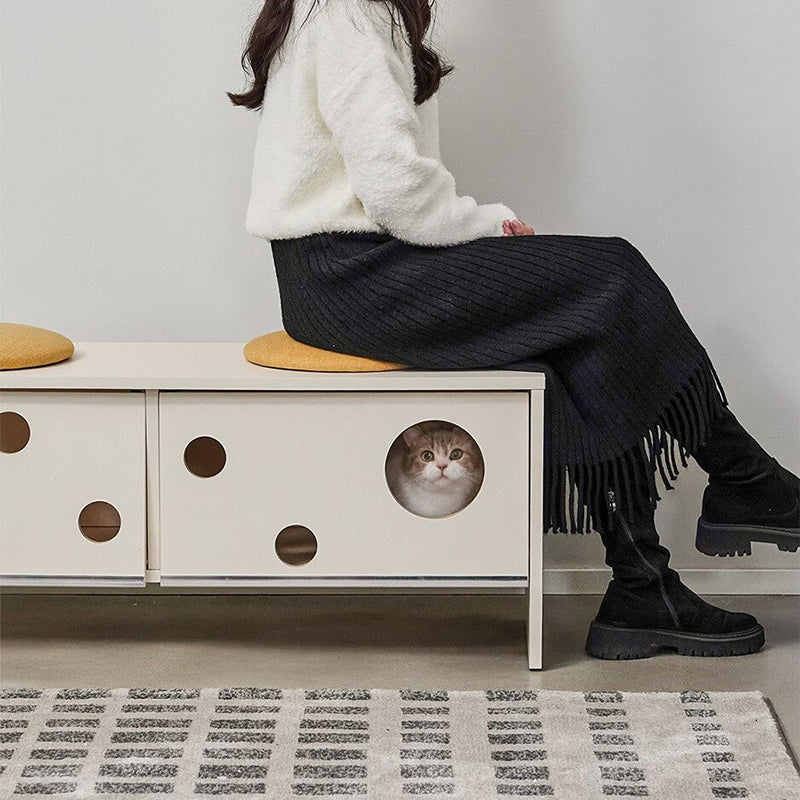 Banco contemporáneo y creativo tipo casa para gatos con dos cuevas para gatos: otomana zapatera de 2 plazas - banco zapatero multifuncional 2 en 1 y mueble para mascotas para la entrada 