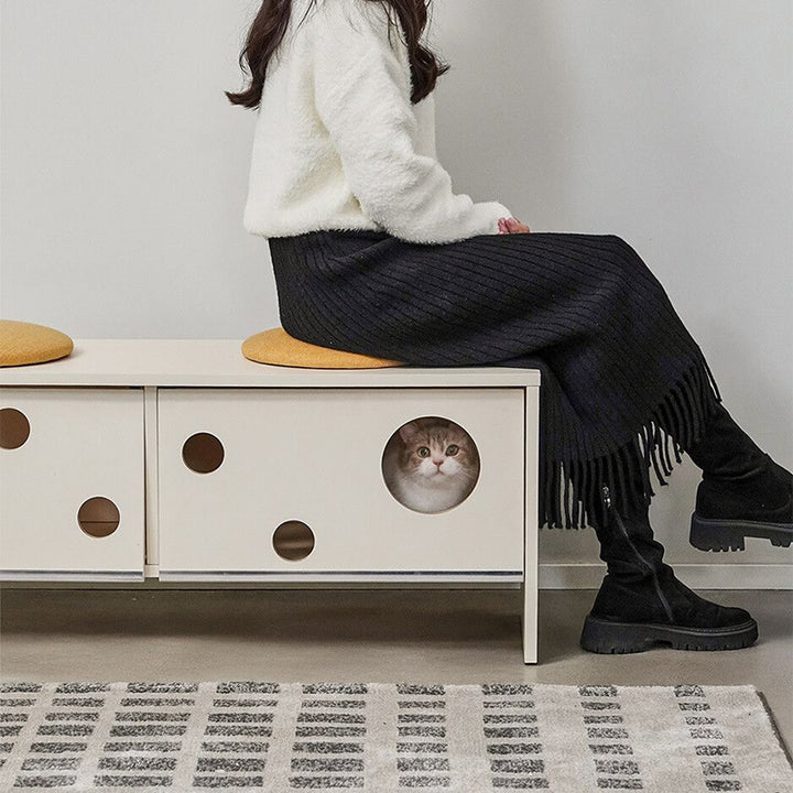 Banco contemporáneo y creativo tipo casa para gatos con dos cuevas para gatos: otomana zapatera de 2 plazas - banco zapatero multifuncional 2 en 1 y mueble para mascotas para la entrada 