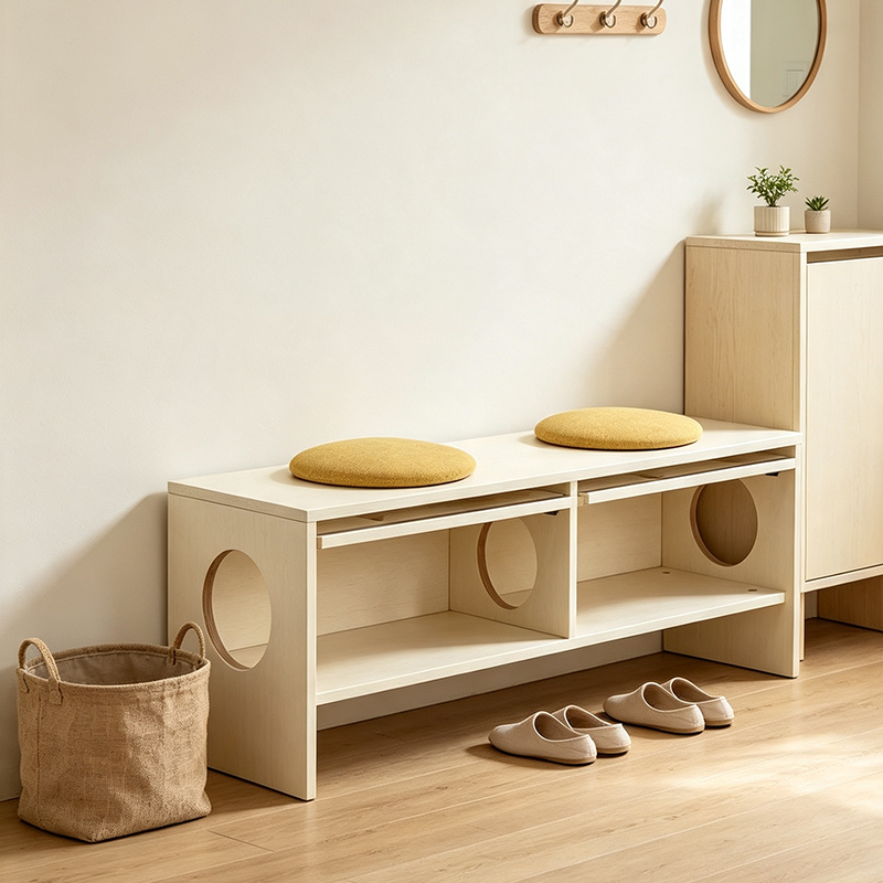 Banco contemporáneo y creativo tipo casa para gatos con dos cuevas para gatos: otomana zapatera de 2 plazas - banco zapatero multifuncional 2 en 1 y mueble para mascotas para la entrada 