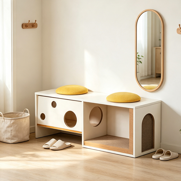 3-in-1 Cat Bed With Scratching Post: Contemporary Creative Shoe Bench - Cat Cabinet With Hideaway House & Cushion Seat For Entryway