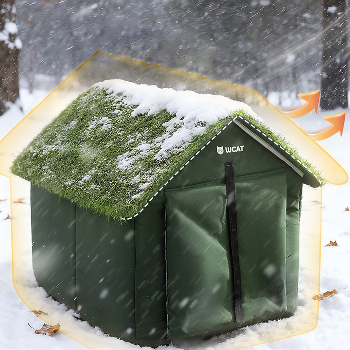 Zeitgenössisches kreatives hausförmiges Katzenbett/Hundebett aus Oxford-Gewebe, Vliesstoff, rutschfestem Punktgewebe, PE, wasserdicht für den Außenbereich, mit Türvorhang für den Garten 