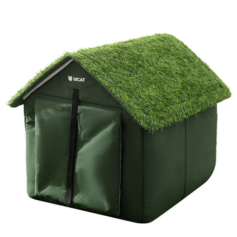 Zeitgenössisches kreatives hausförmiges Katzenbett/Hundebett aus Oxford-Gewebe, Vliesstoff, rutschfestem Punktgewebe, PE, wasserdicht für den Außenbereich, mit Türvorhang für den Garten 