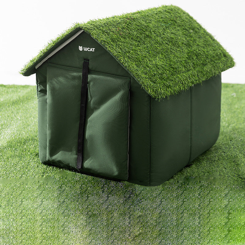 Zeitgenössisches kreatives hausförmiges Katzenbett/Hundebett aus Oxford-Gewebe, Vliesstoff, rutschfestem Punktgewebe, PE, wasserdicht für den Außenbereich, mit Türvorhang für den Garten 