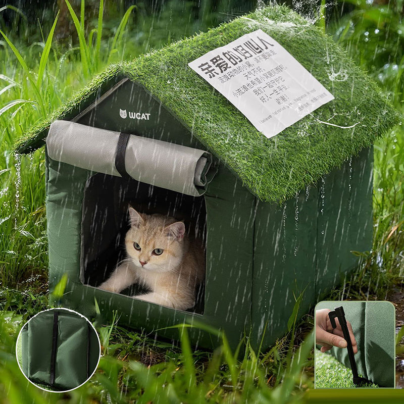 Zeitgenössisches kreatives hausförmiges Katzenbett/Hundebett aus Oxford-Gewebe, Vliesstoff, rutschfestem Punktgewebe, PE, wasserdicht für den Außenbereich, mit Türvorhang für den Garten 