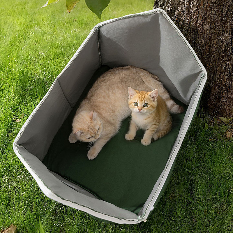 Zeitgenössisches kreatives hausförmiges Katzenbett/Hundebett aus Oxford-Gewebe, Vliesstoff, rutschfestem Punktgewebe, PE, wasserdicht für den Außenbereich, mit Türvorhang für den Garten 