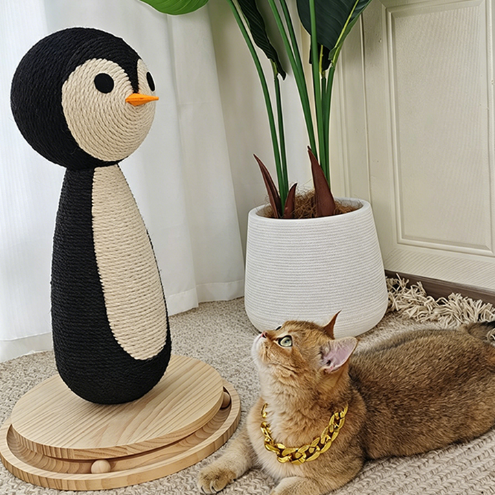 Contemporary Creative Curved Penguin-Shaped Jute Rope Plastic Foam Teddy Fleece Medium Density Fiberboard Pine Cat Scratching Post For Living Room