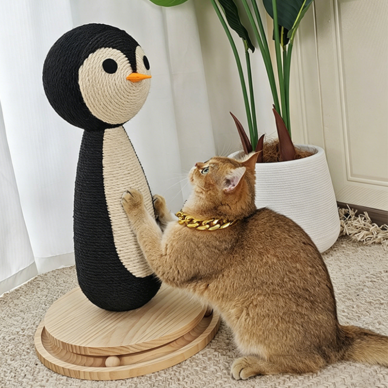 Contemporary Creative Curved Penguin-Shaped Jute Rope Plastic Foam Teddy Fleece Medium Density Fiberboard Pine Cat Scratching Post For Living Room