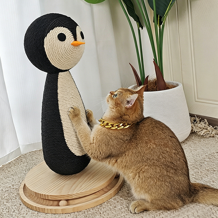 Contemporary Creative Curved Penguin-Shaped Jute Rope Plastic Foam Teddy Fleece Medium Density Fiberboard Pine Cat Scratching Post For Living Room