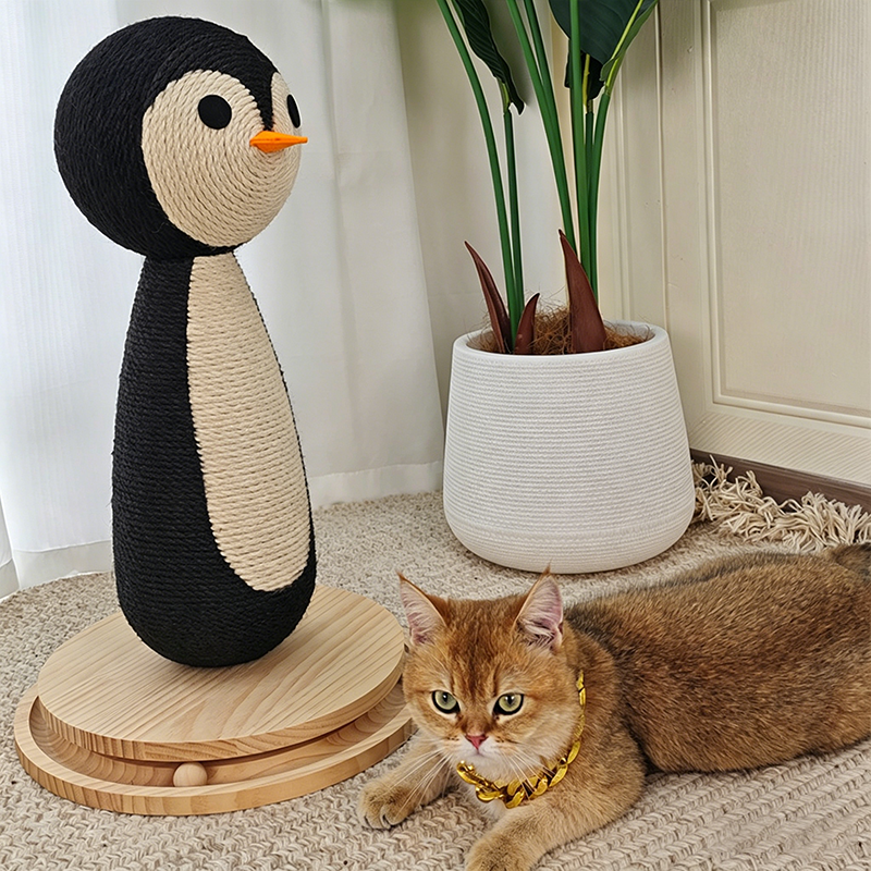 Contemporary Creative Curved Penguin-Shaped Jute Rope Plastic Foam Teddy Fleece Medium Density Fiberboard Pine Cat Scratching Post For Living Room