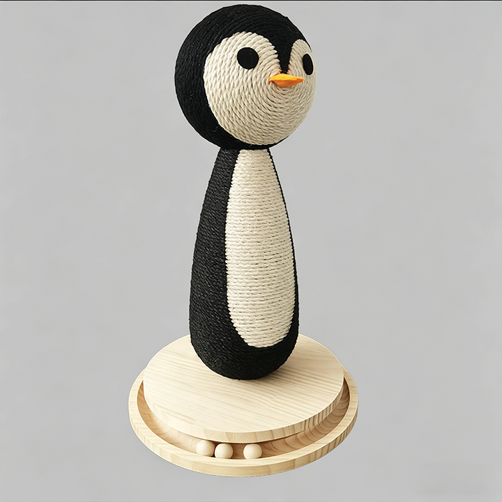 Contemporary Creative Curved Penguin-Shaped Jute Rope Plastic Foam Teddy Fleece Medium Density Fiberboard Pine Cat Scratching Post For Living Room