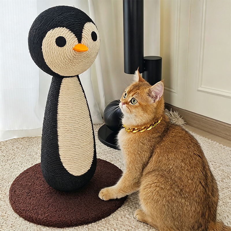 Contemporary Creative Curved Penguin-Shaped Jute Rope Plastic Foam Teddy Fleece Medium Density Fiberboard Pine Cat Scratching Post For Living Room