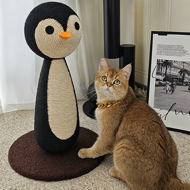 Contemporary Creative Curved Penguin-Shaped Jute Rope Plastic Foam Teddy Fleece Medium Density Fiberboard Pine Cat Scratching Post For Living Room