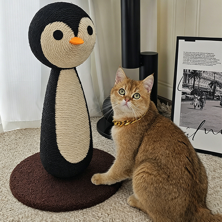 Contemporary Creative Curved Penguin-Shaped Jute Rope Plastic Foam Teddy Fleece Medium Density Fiberboard Pine Cat Scratching Post For Living Room