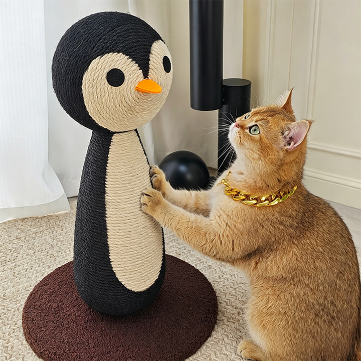 Contemporary Creative Curved Penguin-Shaped Jute Rope Plastic Foam Teddy Fleece Medium Density Fiberboard Pine Cat Scratching Post For Living Room