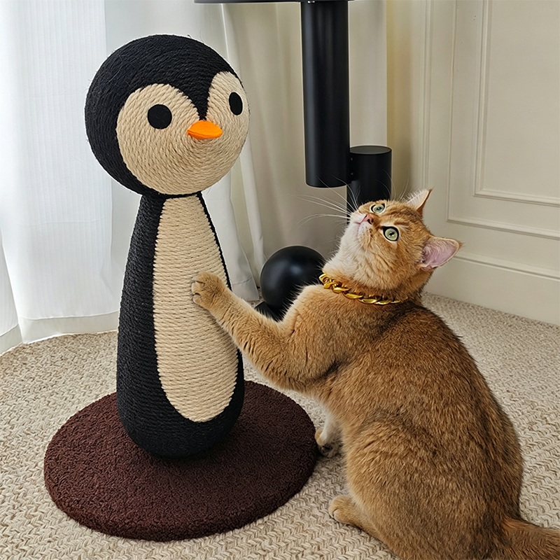 Contemporary Creative Curved Penguin-Shaped Jute Rope Plastic Foam Teddy Fleece Medium Density Fiberboard Pine Cat Scratching Post For Living Room