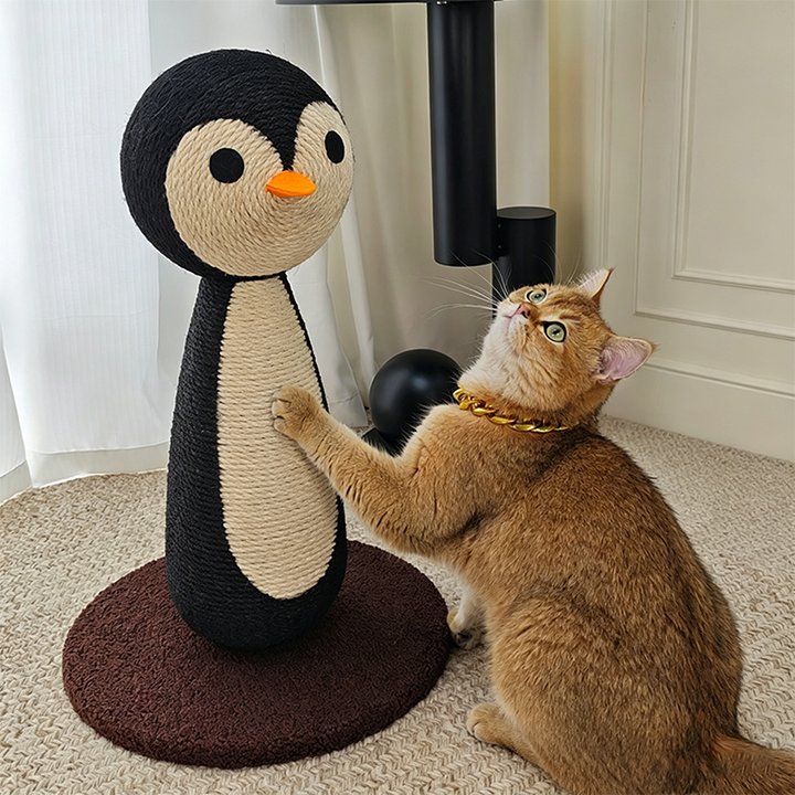 Contemporary Creative Curved Penguin-Shaped Jute Rope Plastic Foam Teddy Fleece Medium Density Fiberboard Pine Cat Scratching Post For Living Room