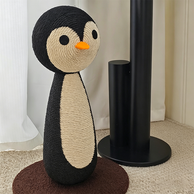 Contemporary Creative Curved Penguin-Shaped Jute Rope Plastic Foam Teddy Fleece Medium Density Fiberboard Pine Cat Scratching Post For Living Room