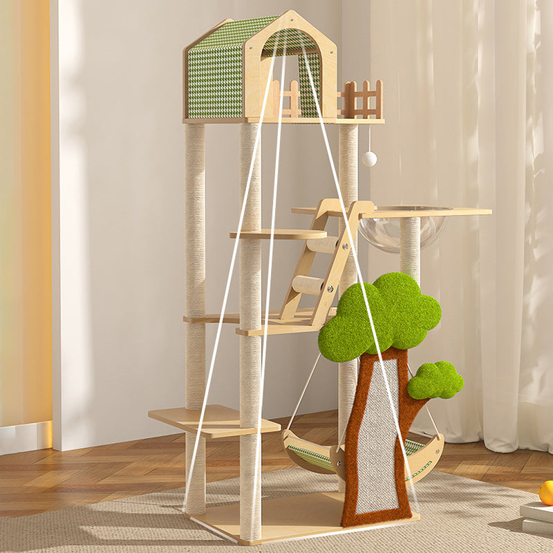 Conception contemporaine de cabane dans les arbres créative en panneau de fibres à densité moyenne, sisal, papier kraft, velours, plastique, coton-lin, arbre à chat et condo, 1 hamac, 1 griffoir pour salon 