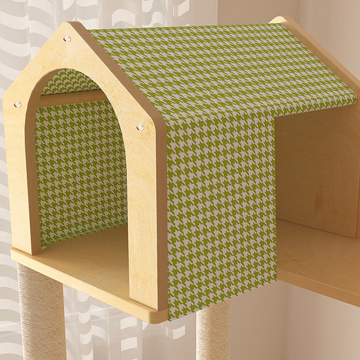 Conception contemporaine de cabane dans les arbres créative en panneau de fibres à densité moyenne, sisal, papier kraft, velours, plastique, coton-lin, arbre à chat et condo, 1 hamac, 1 griffoir pour salon 