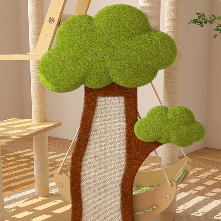 Conception contemporaine de cabane dans les arbres créative en panneau de fibres à densité moyenne, sisal, papier kraft, velours, plastique, coton-lin, arbre à chat et condo, 1 hamac, 1 griffoir pour salon 