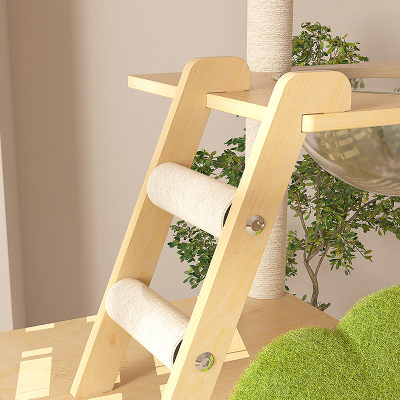 Conception contemporaine de cabane dans les arbres créative en panneau de fibres à densité moyenne, sisal, papier kraft, velours, plastique, coton-lin, arbre à chat et condo, 1 hamac, 1 griffoir pour salon 