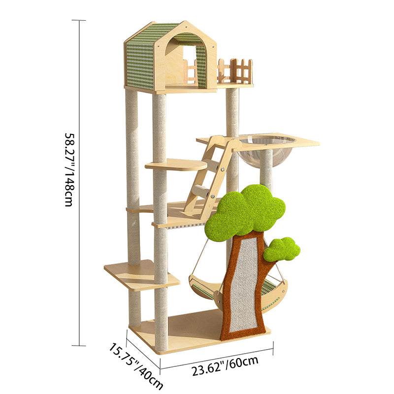 Conception contemporaine de cabane dans les arbres créative en panneau de fibres à densité moyenne, sisal, papier kraft, velours, plastique, coton-lin, arbre à chat et condo, 1 hamac, 1 griffoir pour salon 