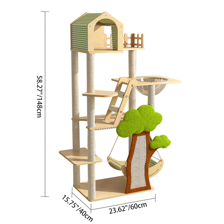 Conception contemporaine de cabane dans les arbres créative en panneau de fibres à densité moyenne, sisal, papier kraft, velours, plastique, coton-lin, arbre à chat et condo, 1 hamac, 1 griffoir pour salon 